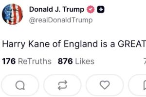 美国总统特朗普发文：英格兰的哈里·凯恩是一位伟大的球员！！！